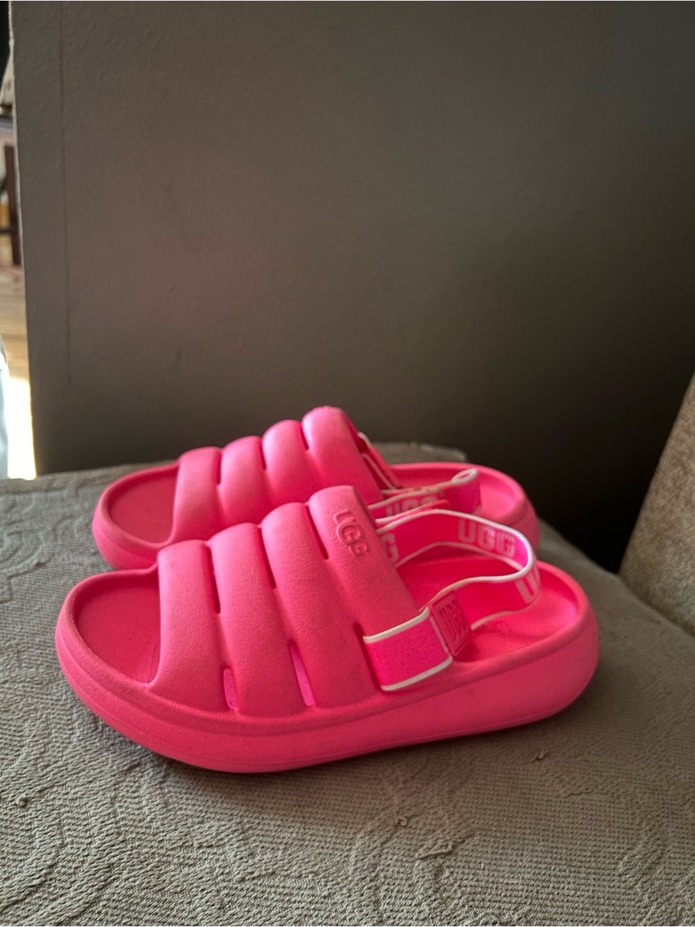 UGG Neon Pink Padded Slide Sandals with Strap